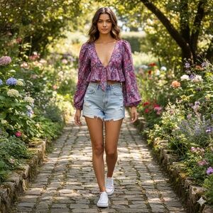 NWT  FOR LOVE & LEMONS Sz S Multicolor Pattern Crop Top Blouson Sleeves BOHO